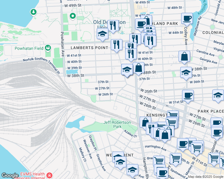 map of restaurants, bars, coffee shops, grocery stores, and more near 1275 West 27th Street in Norfolk