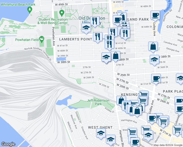 map of restaurants, bars, coffee shops, grocery stores, and more near 1301 West 27th Street in Norfolk