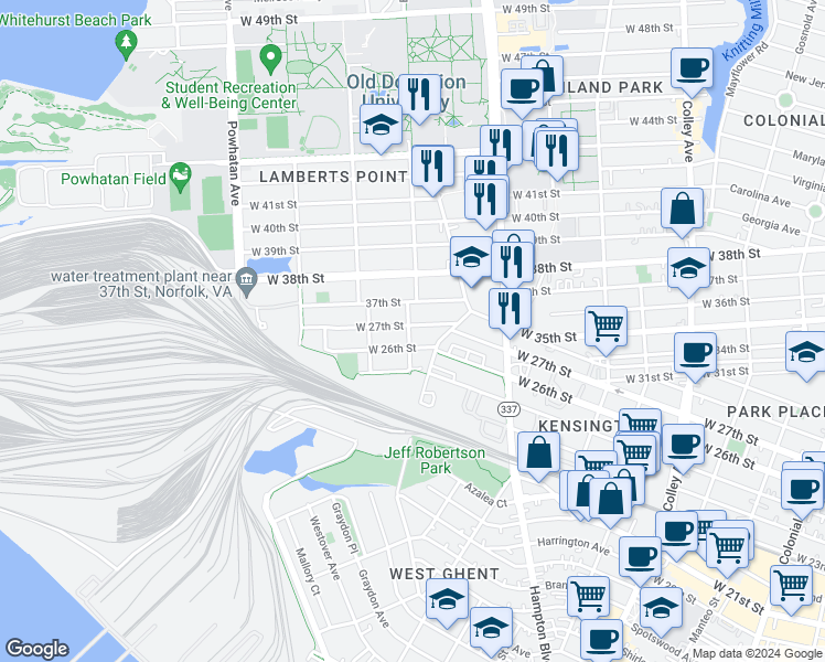 map of restaurants, bars, coffee shops, grocery stores, and more near 1277 West 27th Street in Norfolk