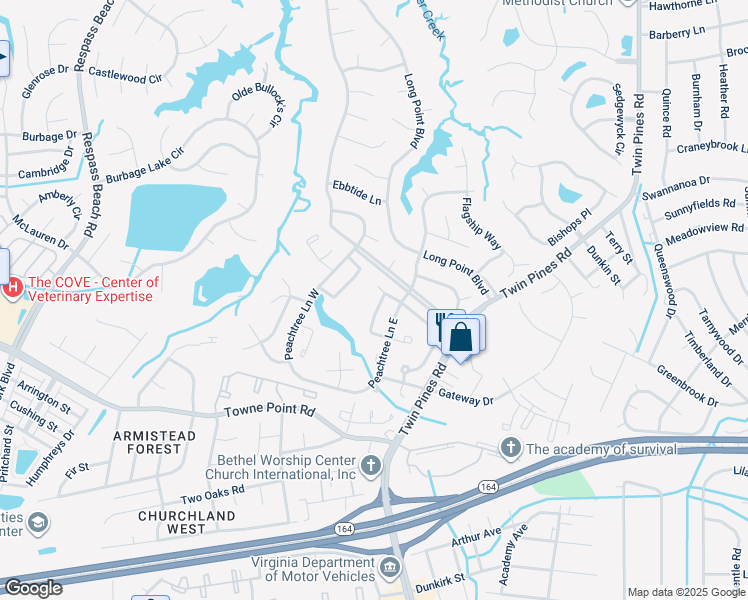 map of restaurants, bars, coffee shops, grocery stores, and more near 3834 Augustine Circle in Portsmouth