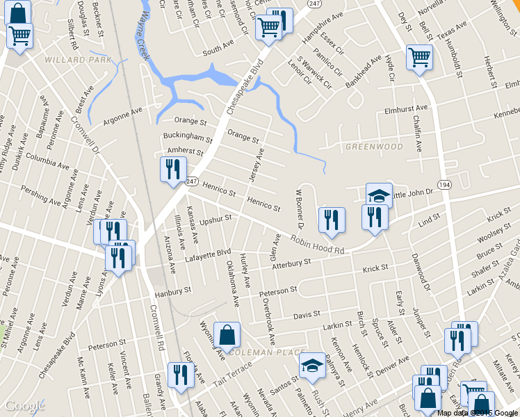 map of restaurants, bars, coffee shops, grocery stores, and more near 3722 Robin Hood Road in Norfolk