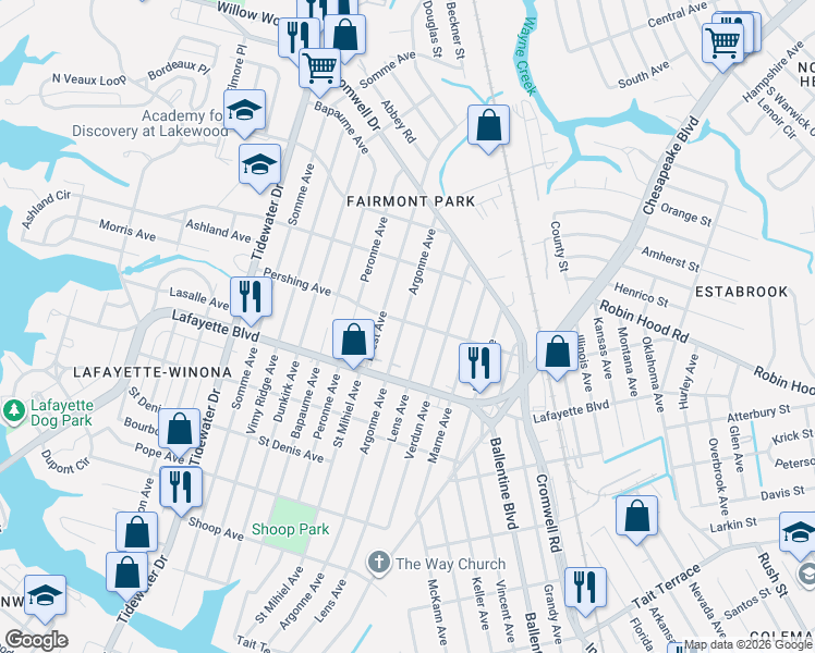 map of restaurants, bars, coffee shops, grocery stores, and more near 3230 Argonne Avenue in Norfolk