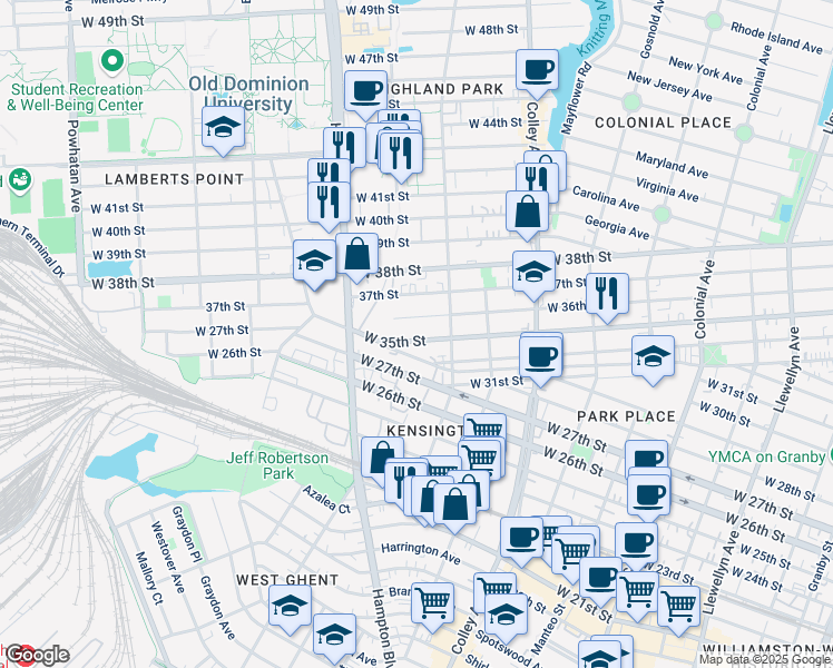 map of restaurants, bars, coffee shops, grocery stores, and more near 1021 West 35th Street in Norfolk