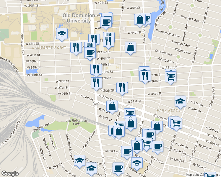 map of restaurants, bars, coffee shops, grocery stores, and more near 1087 West 35th Street in Norfolk