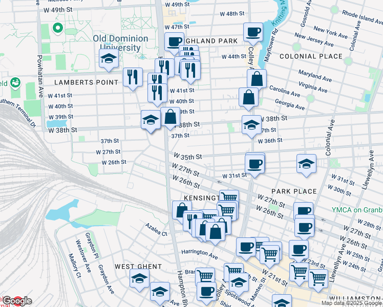 map of restaurants, bars, coffee shops, grocery stores, and more near 1087 West 35th Street in Norfolk