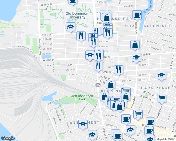 map of restaurants, bars, coffee shops, grocery stores, and more near 1231 West 27th Street in Norfolk