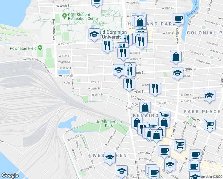 map of restaurants, bars, coffee shops, grocery stores, and more near 1268 West 26th Street in Norfolk