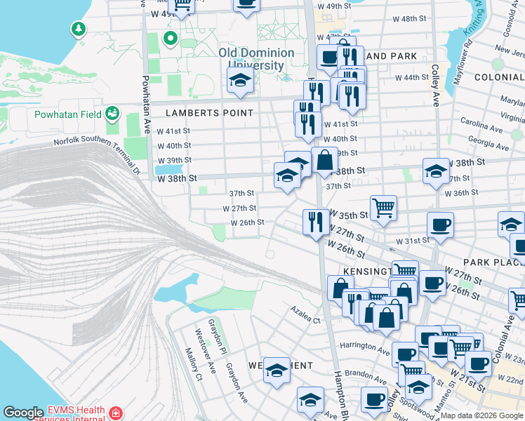 map of restaurants, bars, coffee shops, grocery stores, and more near 1268 West 26th Street in Norfolk