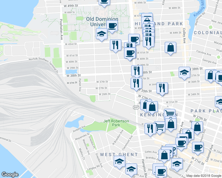 map of restaurants, bars, coffee shops, grocery stores, and more near 1268 West 26th Street in Norfolk