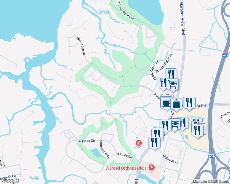 map of restaurants, bars, coffee shops, grocery stores, and more near 5107 Sunrise Court in Suffolk