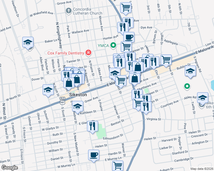 map of restaurants, bars, coffee shops, grocery stores, and more near 403 East Malone Avenue in Sikeston