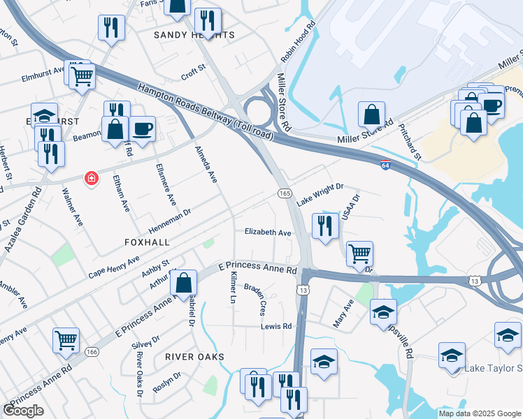 map of restaurants, bars, coffee shops, grocery stores, and more near 5531 Kilmer Lane in Norfolk
