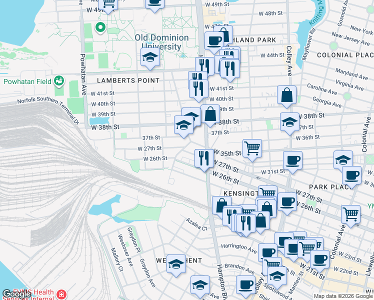 map of restaurants, bars, coffee shops, grocery stores, and more near 1231 West 27th Street in Norfolk