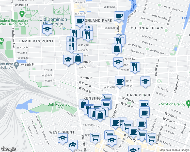 map of restaurants, bars, coffee shops, grocery stores, and more near 1014 West 35th Street in Norfolk