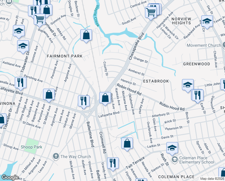 map of restaurants, bars, coffee shops, grocery stores, and more near 3312 Illinois Avenue in Norfolk