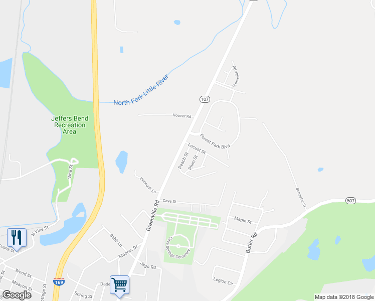 map of restaurants, bars, coffee shops, grocery stores, and more near 71 Peach Street in Hopkinsville