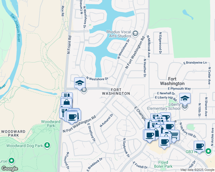 map of restaurants, bars, coffee shops, grocery stores, and more near 651 East Rock Creek Lane in Fresno