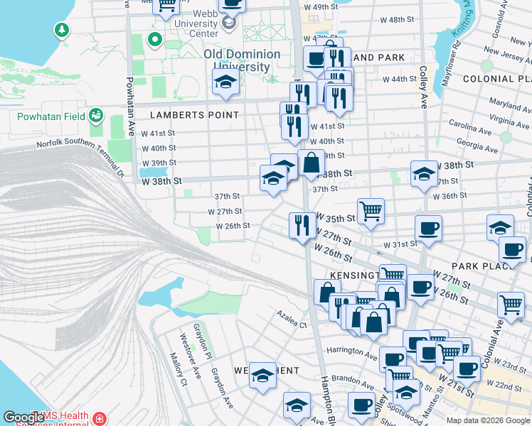 map of restaurants, bars, coffee shops, grocery stores, and more near 1268 West 26th Street in Norfolk