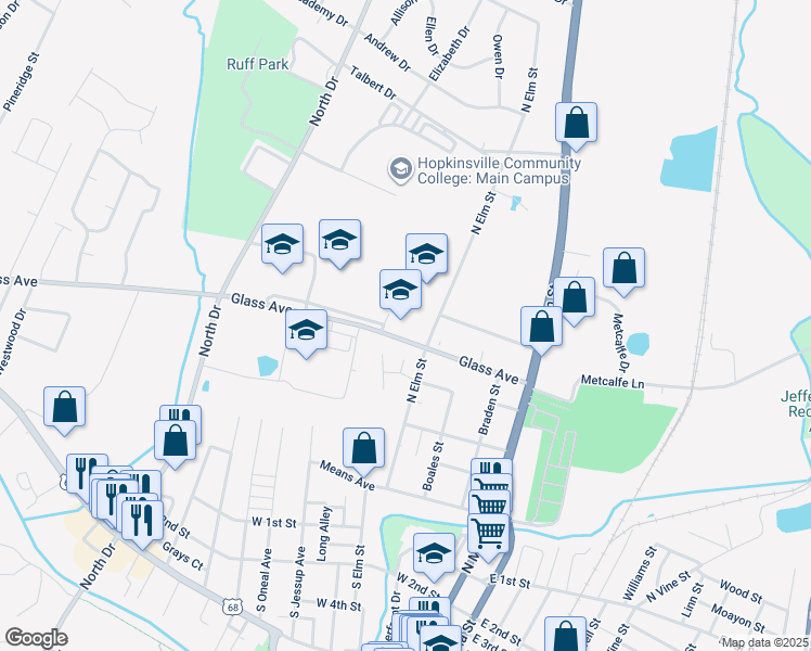 map of restaurants, bars, coffee shops, grocery stores, and more near 210 Glass Avenue in Hopkinsville