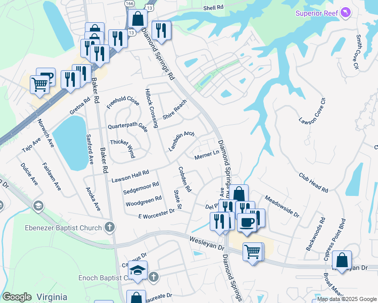 map of restaurants, bars, coffee shops, grocery stores, and more near 5556 Crown Grant Way in Virginia Beach