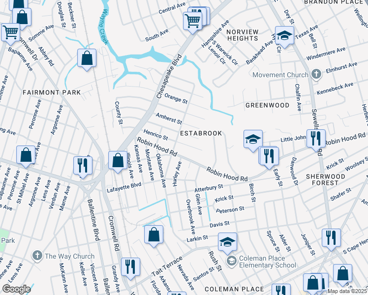 map of restaurants, bars, coffee shops, grocery stores, and more near 3719 Henrico Street in Norfolk