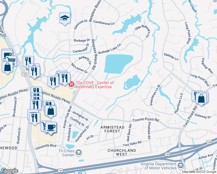 map of restaurants, bars, coffee shops, grocery stores, and more near 6805 Goldeneye Court in Suffolk