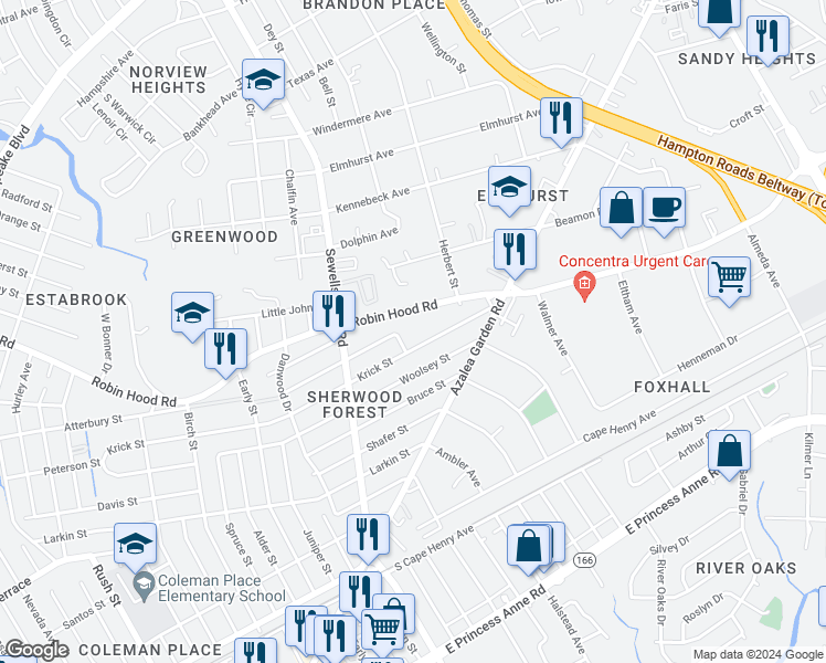 map of restaurants, bars, coffee shops, grocery stores, and more near 5011 Atterbury Street in Norfolk