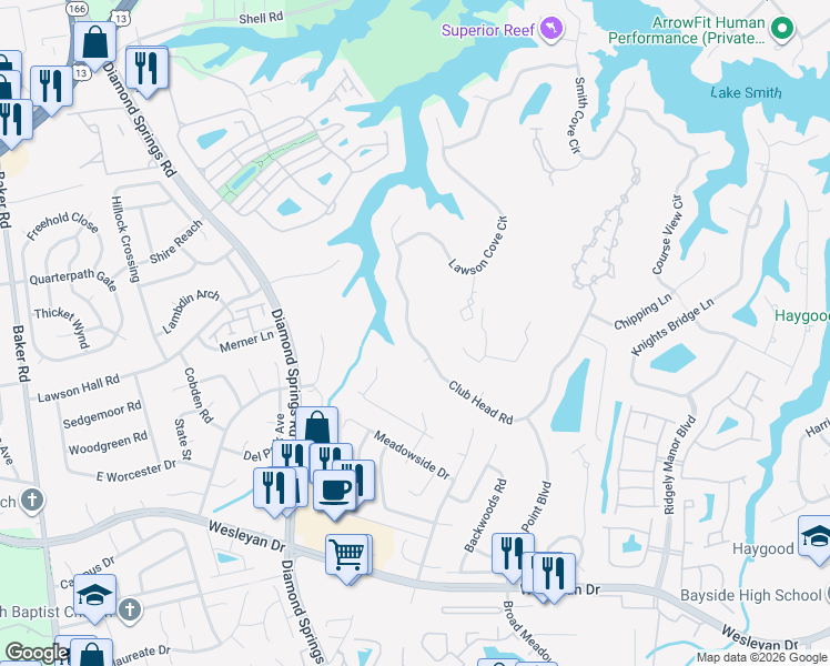 map of restaurants, bars, coffee shops, grocery stores, and more near 5397 Club Head Road in Virginia Beach