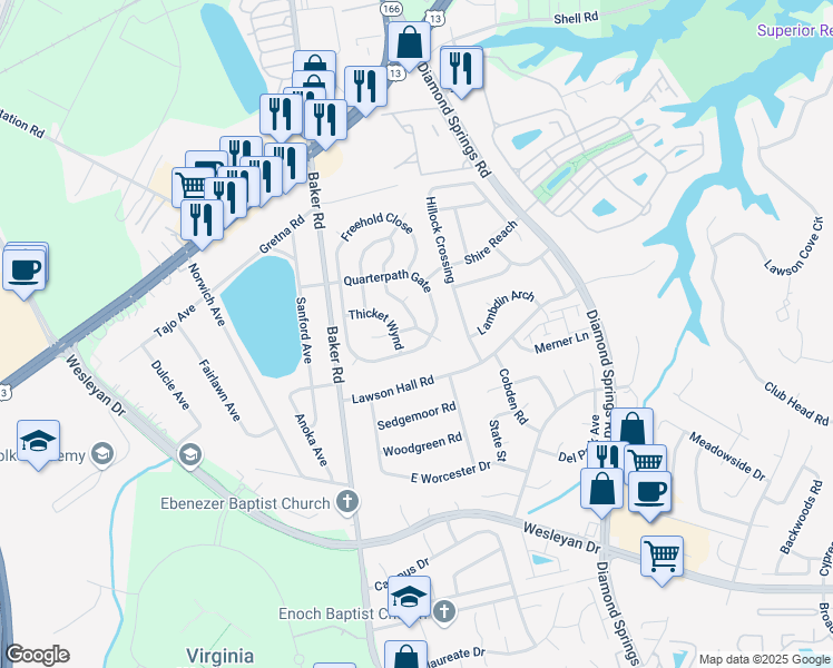 map of restaurants, bars, coffee shops, grocery stores, and more near 5589 Quarterpath Gate in Virginia Beach