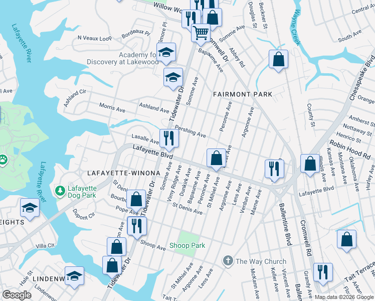 map of restaurants, bars, coffee shops, grocery stores, and more near 2102 Lafayette Boulevard in Norfolk