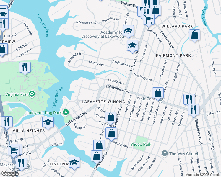 map of restaurants, bars, coffee shops, grocery stores, and more near 3123 Lorraine Avenue in Norfolk