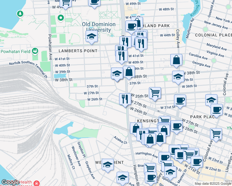 map of restaurants, bars, coffee shops, grocery stores, and more near 1231 West 27th Street in Norfolk