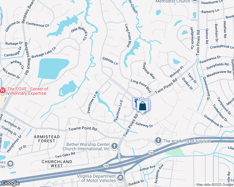 map of restaurants, bars, coffee shops, grocery stores, and more near 3836 Augustine Circle in Portsmouth