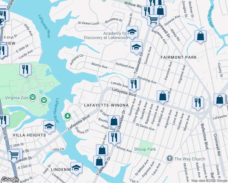 map of restaurants, bars, coffee shops, grocery stores, and more near 3123 Lorraine Avenue in Norfolk