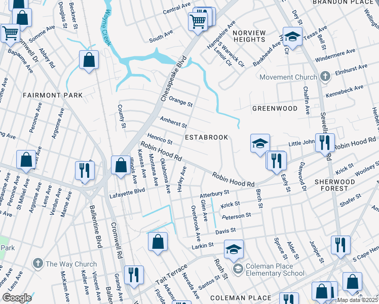 map of restaurants, bars, coffee shops, grocery stores, and more near 3719 Henrico Street in Norfolk