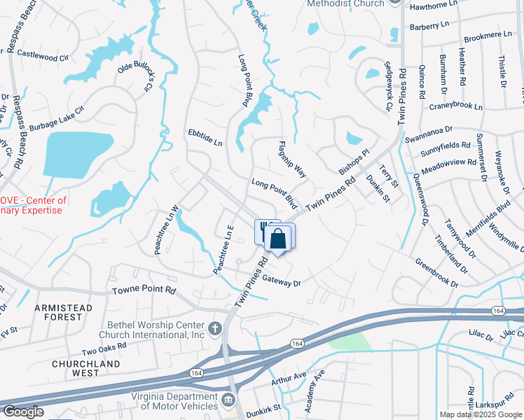 map of restaurants, bars, coffee shops, grocery stores, and more near 3832 Headwind Lane in Portsmouth