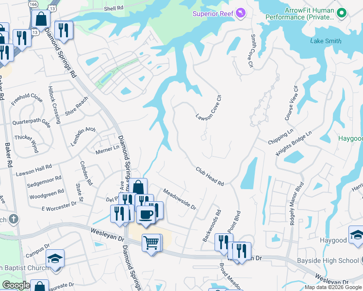 map of restaurants, bars, coffee shops, grocery stores, and more near 5397 Club Head Road in Virginia Beach