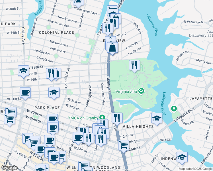 map of restaurants, bars, coffee shops, grocery stores, and more near 3401 Granby Street in Norfolk