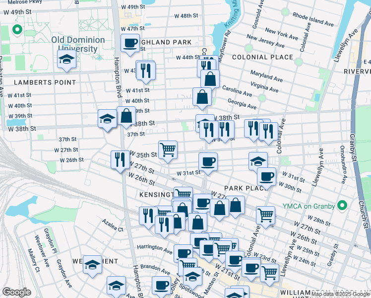 map of restaurants, bars, coffee shops, grocery stores, and more near 827 West 35th Street in Norfolk