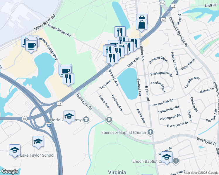 map of restaurants, bars, coffee shops, grocery stores, and more near 1068 Fairlawn Avenue in Virginia Beach
