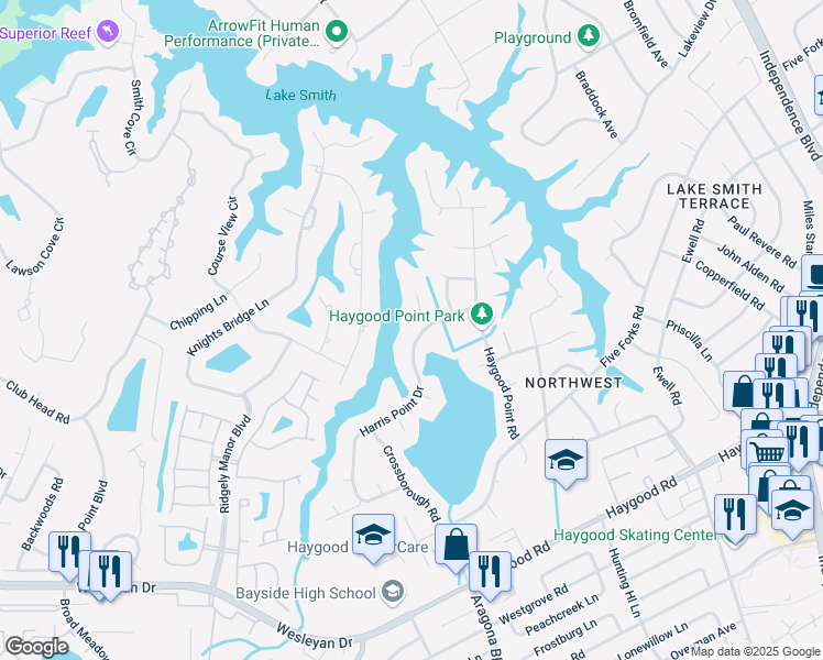 map of restaurants, bars, coffee shops, grocery stores, and more near 768 Harris Point Drive in Virginia Beach