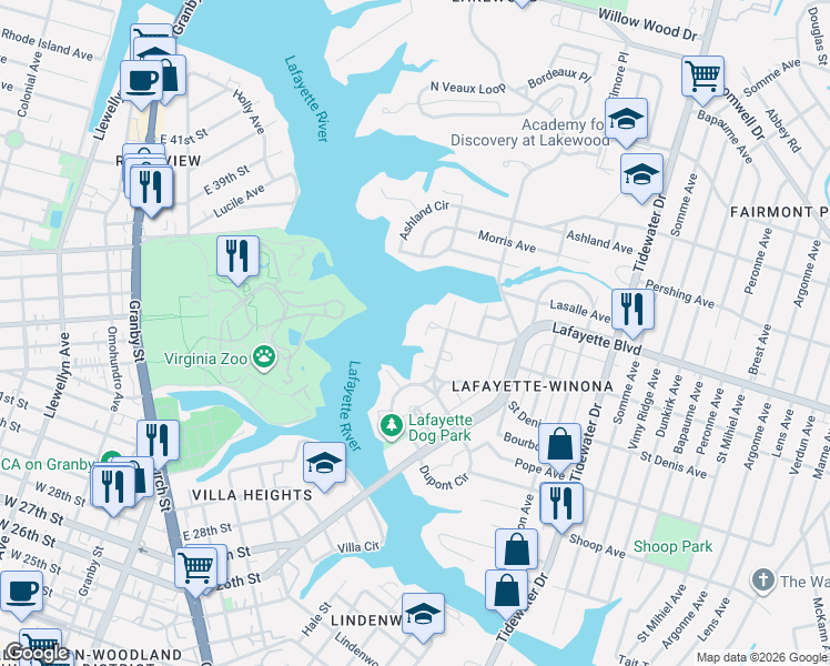 map of restaurants, bars, coffee shops, grocery stores, and more near 3011 Vendome Terrace in Norfolk