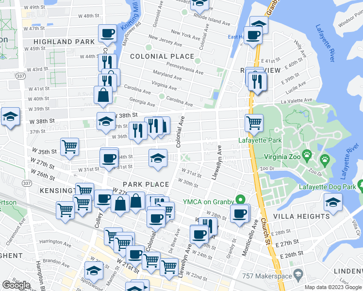 map of restaurants, bars, coffee shops, grocery stores, and more near 501 West 34th Street in Norfolk