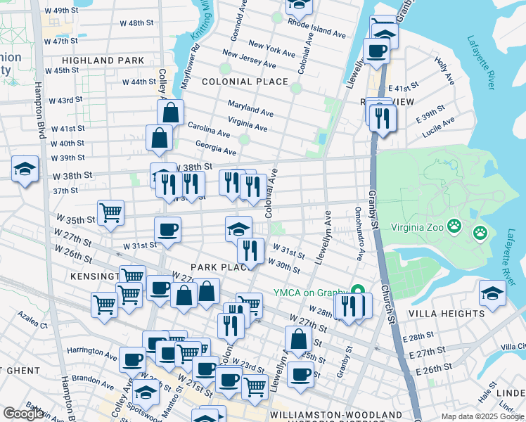 map of restaurants, bars, coffee shops, grocery stores, and more near 501 West 34th Street in Norfolk
