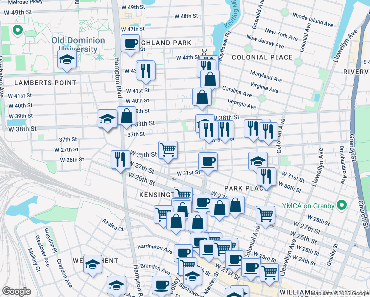 map of restaurants, bars, coffee shops, grocery stores, and more near 827 West 35th Street in Norfolk