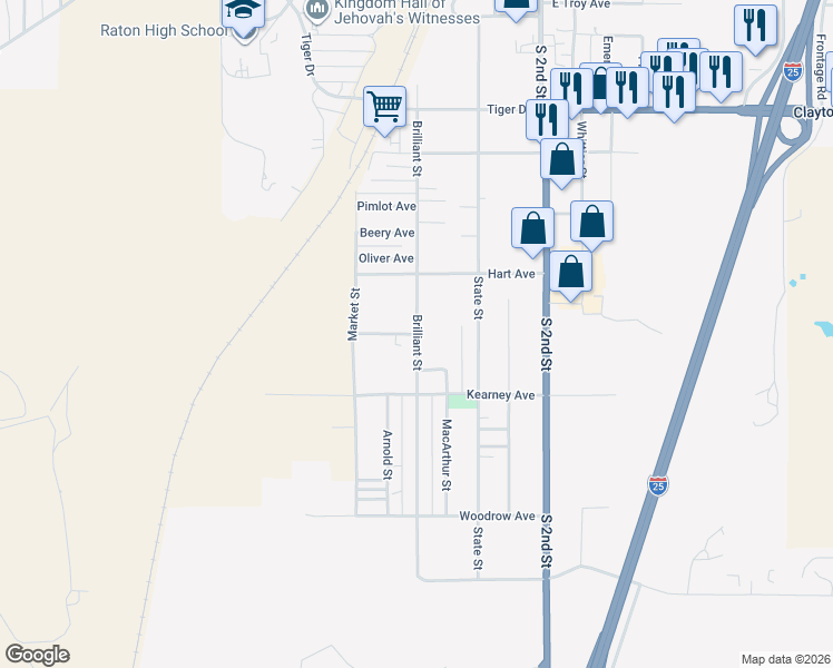 map of restaurants, bars, coffee shops, grocery stores, and more near 1352 Brilliant Street in Raton