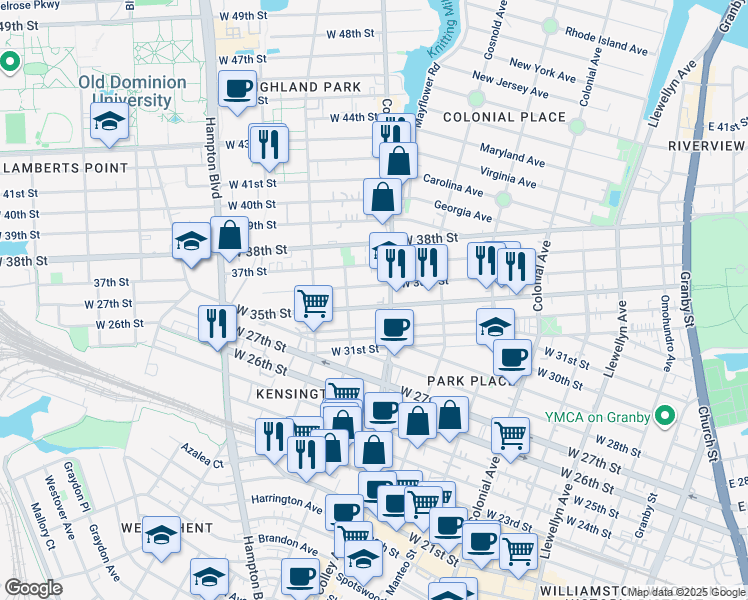 map of restaurants, bars, coffee shops, grocery stores, and more near 812 West 35th Street in Norfolk