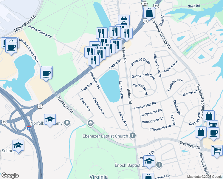 map of restaurants, bars, coffee shops, grocery stores, and more near 1032-1050 Norwich Avenue in Virginia Beach
