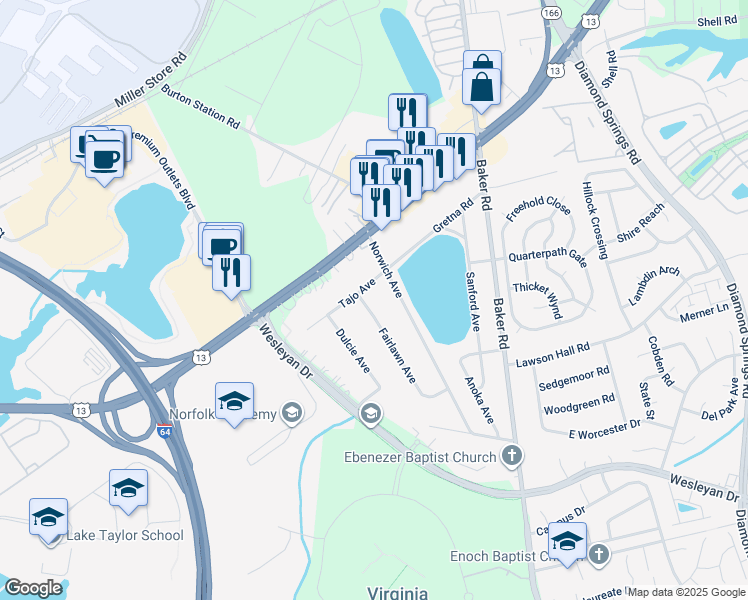 map of restaurants, bars, coffee shops, grocery stores, and more near 1068 Fairlawn Avenue in Virginia Beach