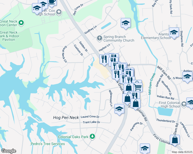 map of restaurants, bars, coffee shops, grocery stores, and more near 2229 Poplar Point Road in Virginia Beach